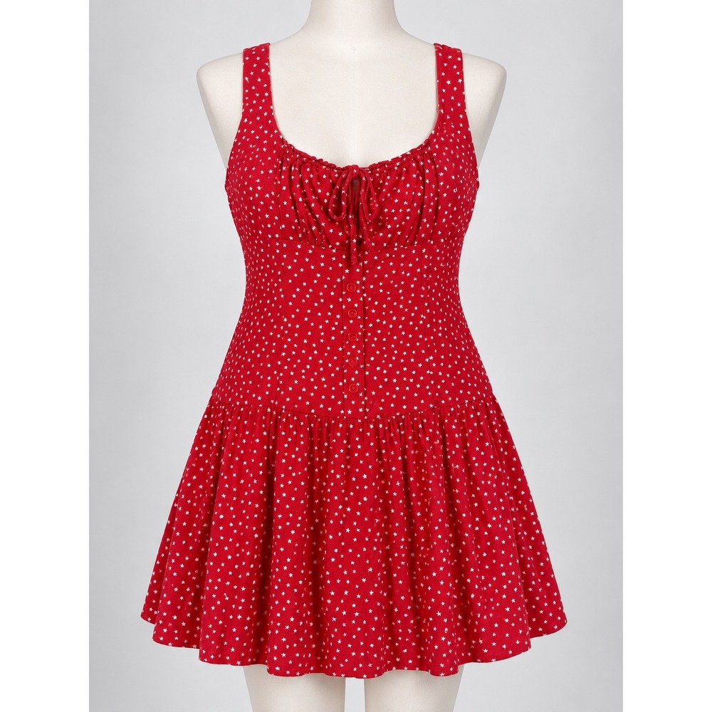 Wild Fable Peasant Red Star Print Mini Dress Sleeveless Tie Front Tiered Large